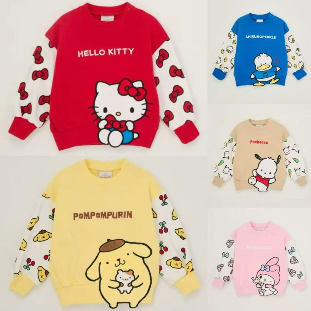 日本2026 Sanrio 兒童拼色長袖衛衣｜滿印款（Hello Kitty / Pompompurin布甸狗 / Pochacco PC狗 / My Melody / Ahirunopekkle AP鴨）