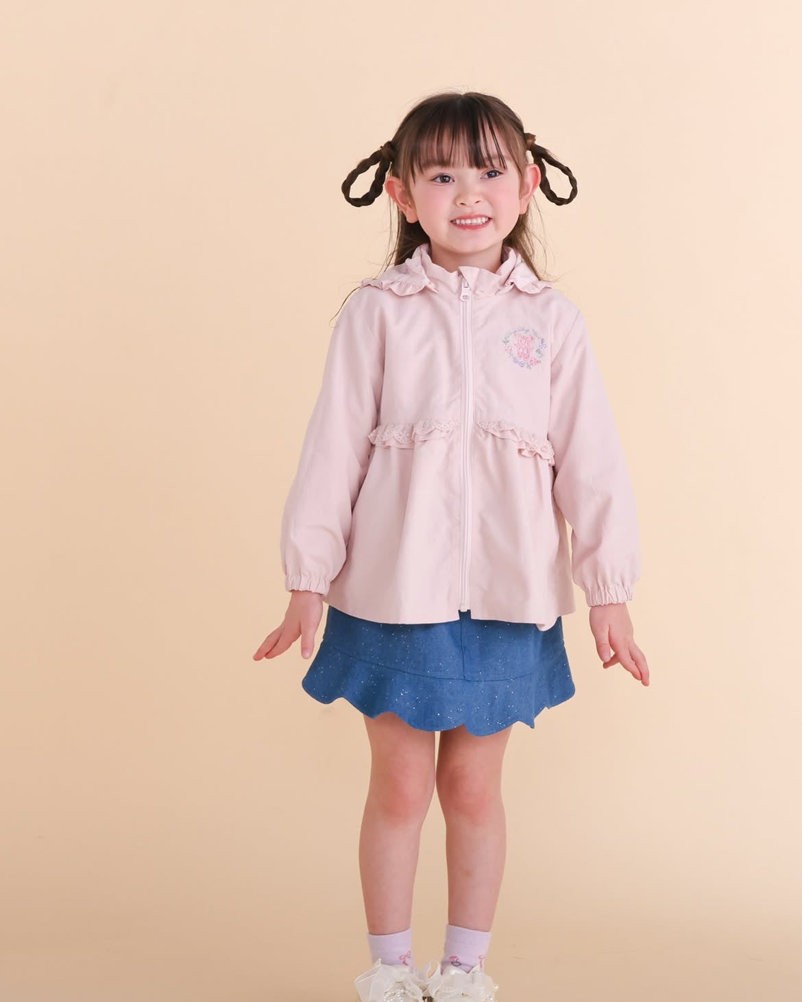 日本SLAP SLIP 女童刺繡荷葉邊連帽外套｜雙面穿 ｜粉紅 / 淺藍色 (Pre-order)